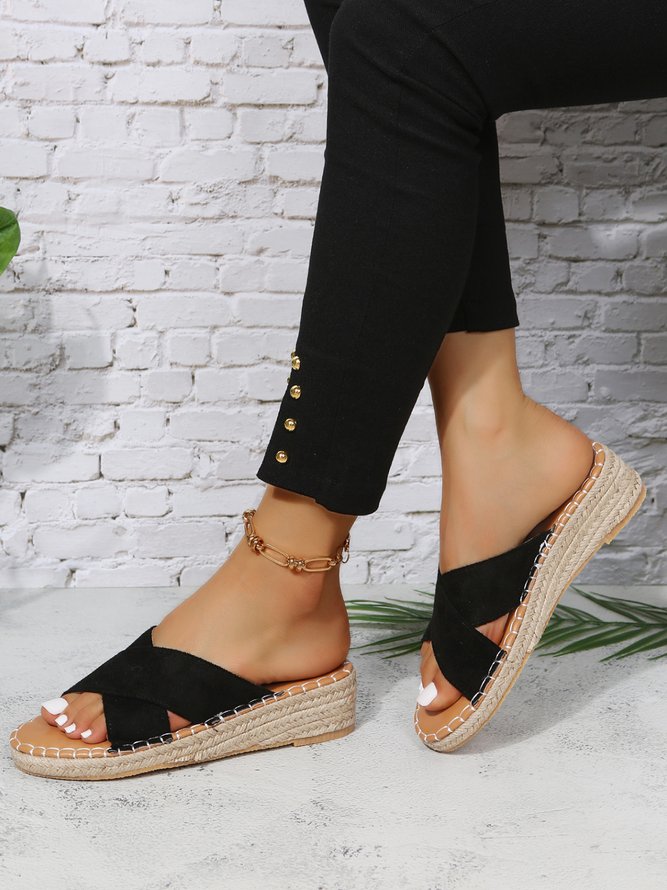 Faux Suede Cross Strap Straw Wedge Slides