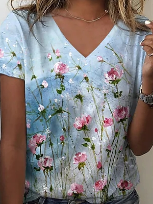JFN V Neck Casual Floral Summer Daily T-shirt