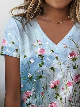 JFN V Neck Casual Floral Summer Daily T-shirt