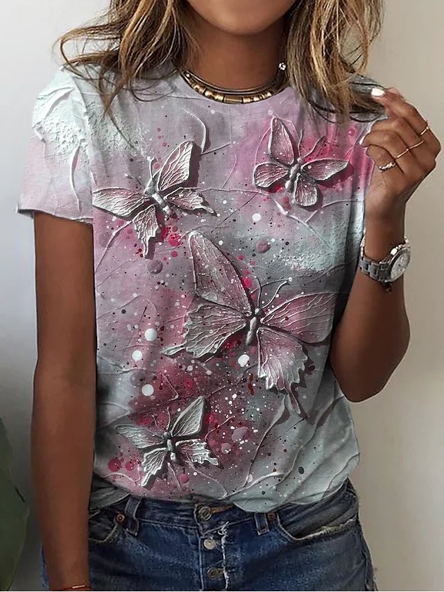 JFN Crew Neck Butterfly Ombre Vacation Casual Short Sleeve T-Shirt/Tee