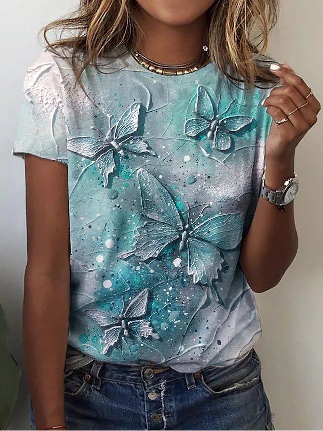 JFN Crew Neck Butterfly Ombre Vacation Casual Short Sleeve T-Shirt/Tee