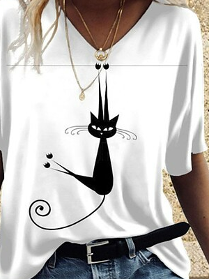 V Neck Casual Cat T-Shirt