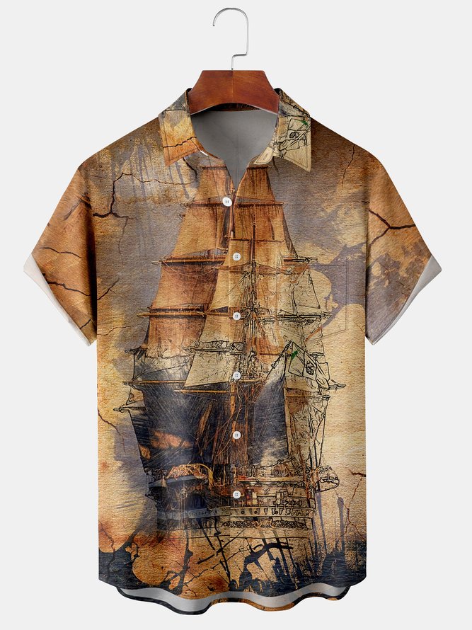 Resort Style Hawaiian Series Nautical Gradient Retro Sailboat Element Pattern Lapel Short Sleeve Chest Pocket Shirt Print Top