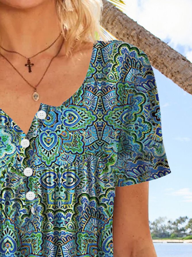 Tribal feelings folk patterns Mandala nail button half cardigan T-shirt plus size tunic