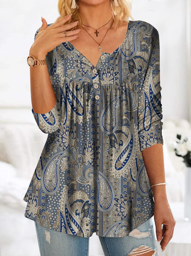Retro folk Paisley half open button loose top tunic
