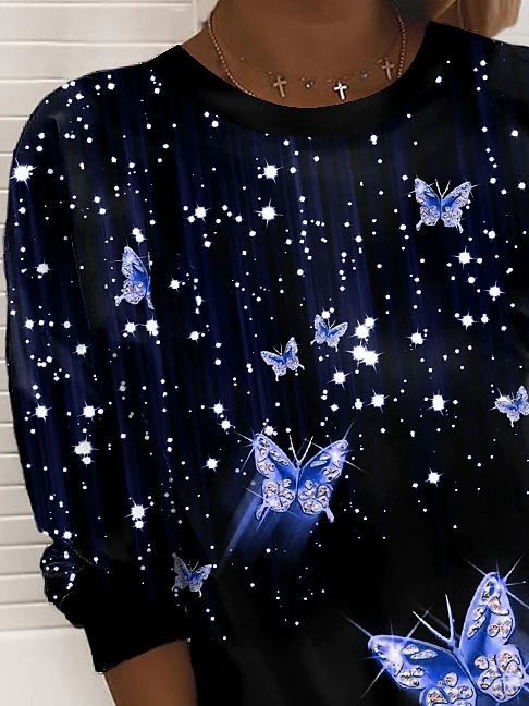 Women Casual Blue Shiny Butterfly Loose Sweatshirt