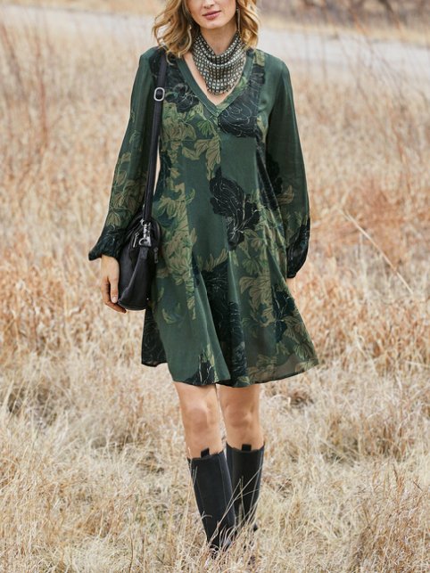 Women Casual Floral Autumn Polyester Lantern Sleeve Lightweight Loose Midi A-Line Dresses