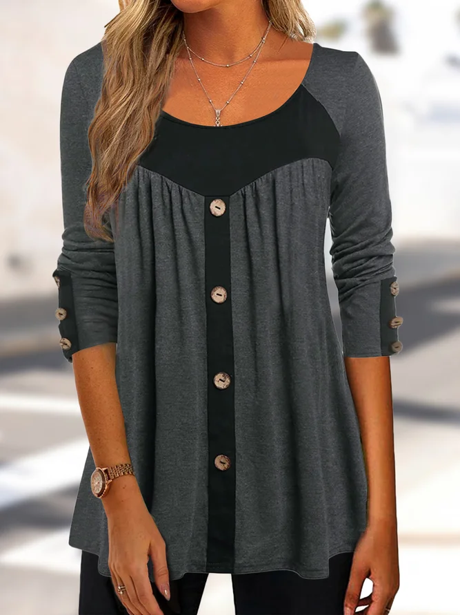 JFN Crew Neck Color Block Casual Black & Gray Tunic Top