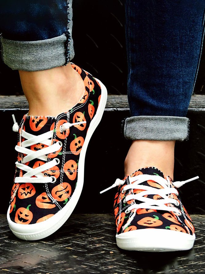 Women Casual All Season Halloween Flat Heel Closed Toe Canvas Lace-Up Non-Slip EVA Sneakers
