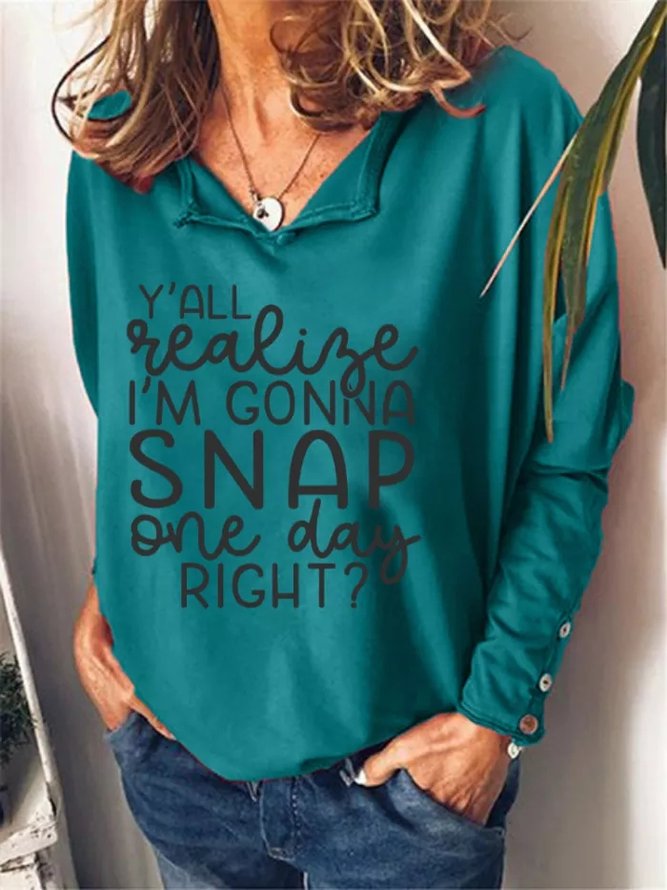 Casual Text Letters Autumn V neck Daily Loose Long sleeve Regular Regular Size Tops for Women
