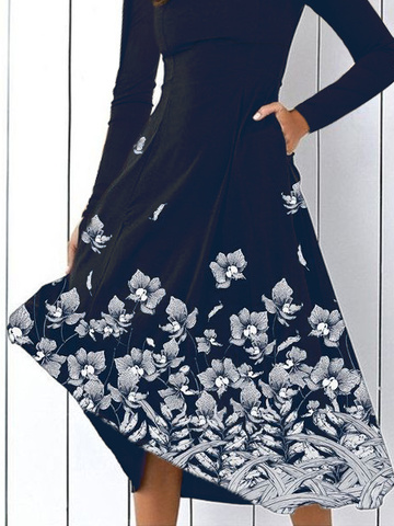Casual Floral Autumn Zipper Long sleeve Crew Neck X-Line Regular Regular Size Dresses for Women