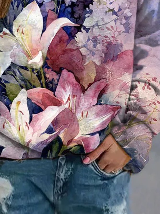 Women Casual Floral Autumn Polyester Loose Long sleeve Regular H-Line Medium Elasticity Sweatshirts