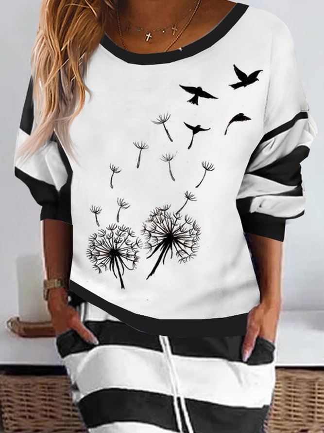 Dandelion flower patchwork striped sweater skirt two piece set