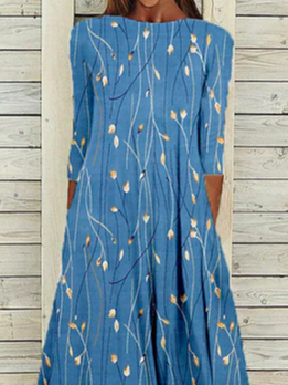 Women's A Line Dress Midi Dress Blue Half Sleeve Floral Ruched Print Spring Summer Crew Neck Casual Modern