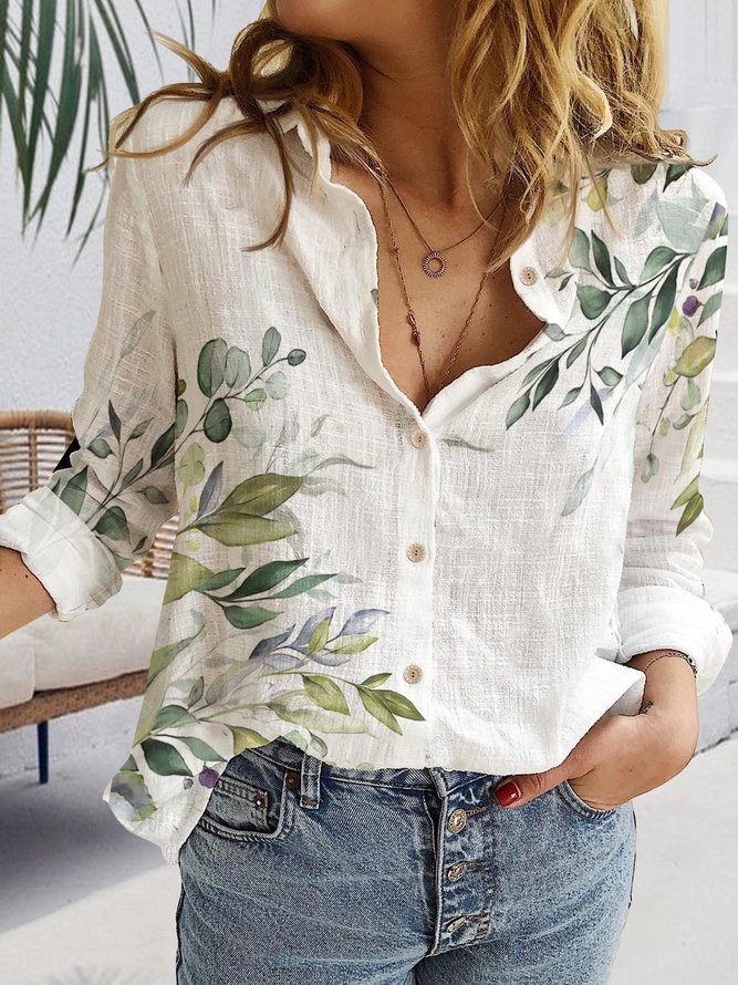 JFN Shirt Collar Casual Leaf Autumn Linen Buttoned Loose Open Front Blouse