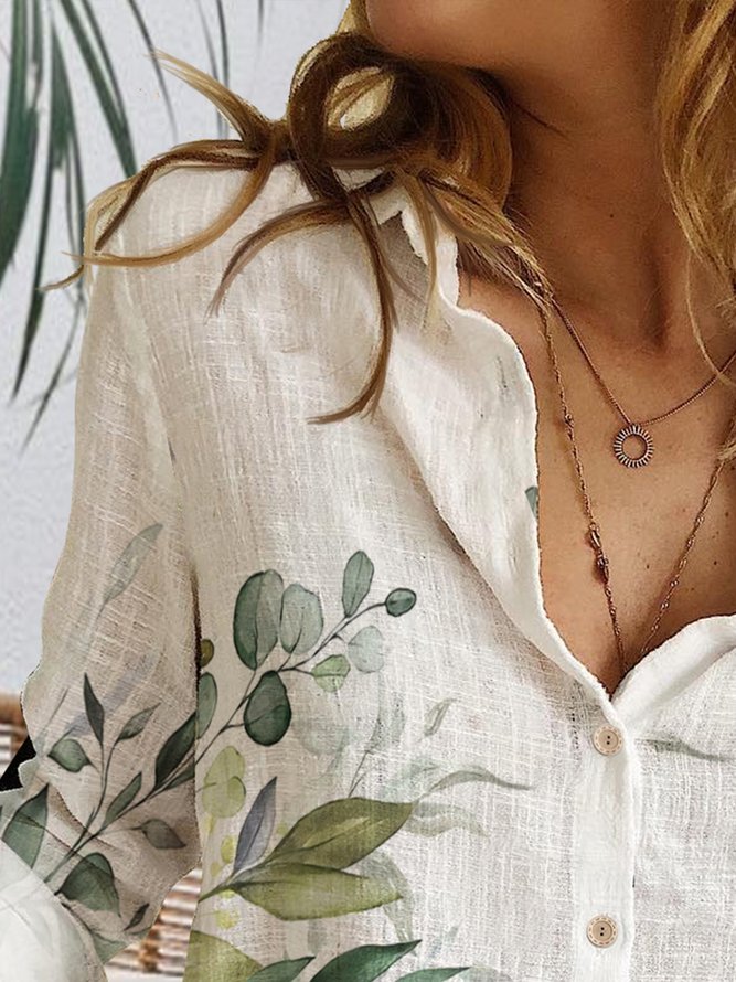 JFN Shirt Collar Casual Leaf Autumn Linen Buttoned Loose Open Front Blouse