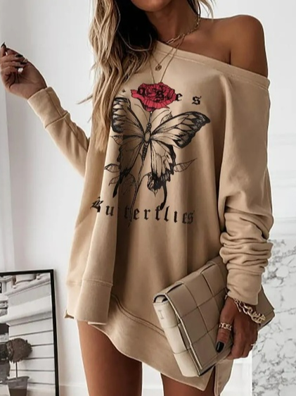 Casual Text Letters Autumn Micro-Elasticity Daily Skirt Long sleeve Cotton-Blend Regular Dresses for Women