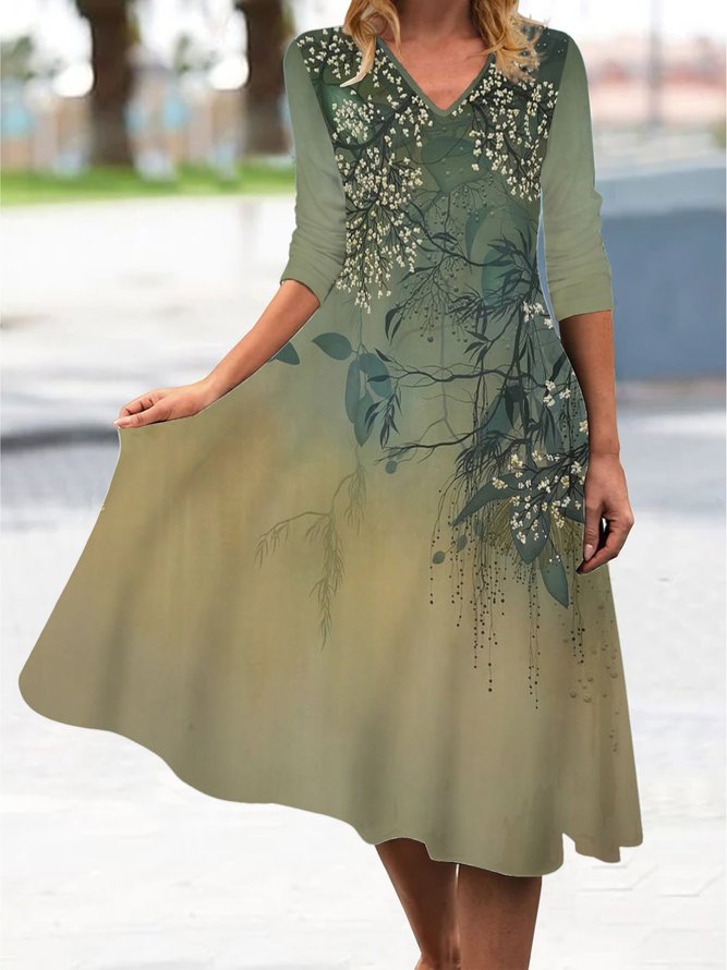 Floral Loose V Neck Casual Dress