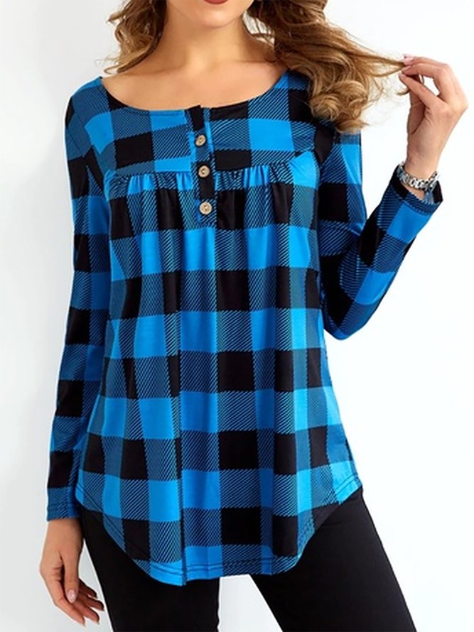Casual Crew Neck Plaid Top