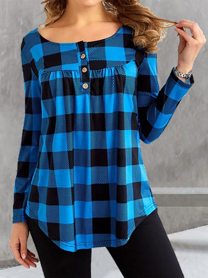 Casual Crew Neck Plaid Top