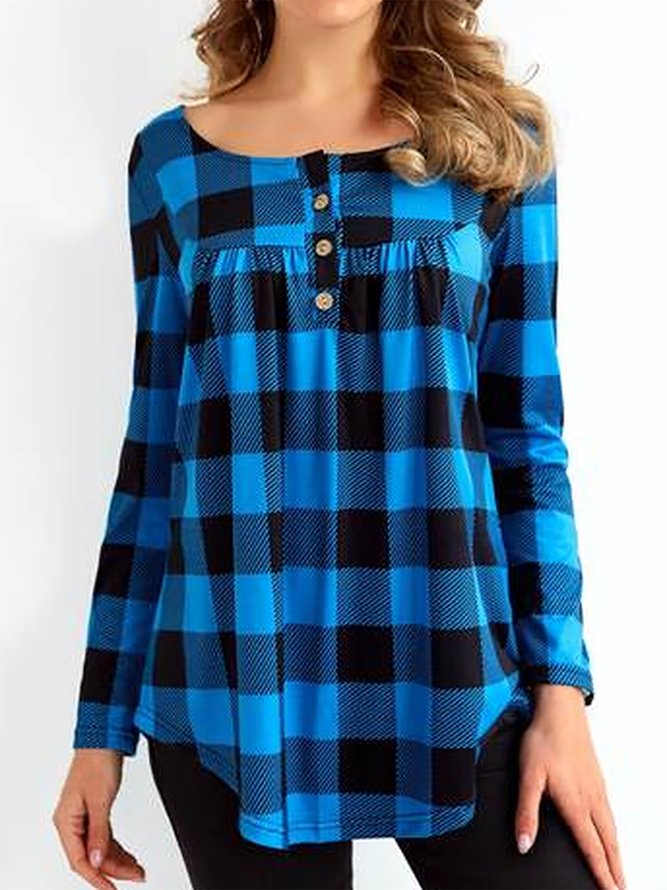 Casual Crew Neck Plaid Top