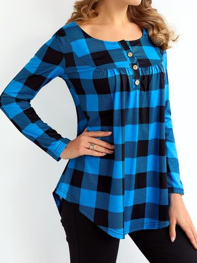 Casual Crew Neck Plaid Top