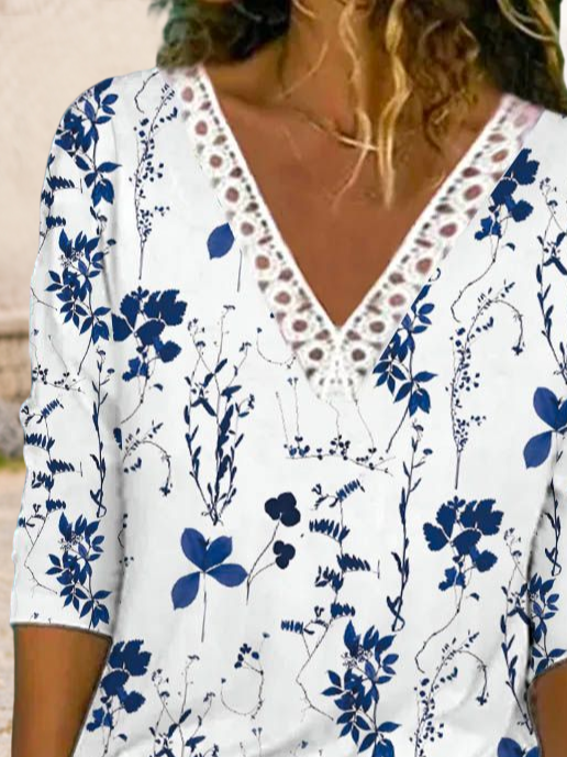JFN V Neck Casual Floral Autumn Daily Long sleeve T-Shirt