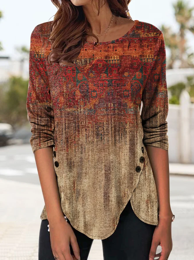 JFN Women Crew Neck Casual Floral Print Ethnic Gradient Long Sleeve Tunic Top