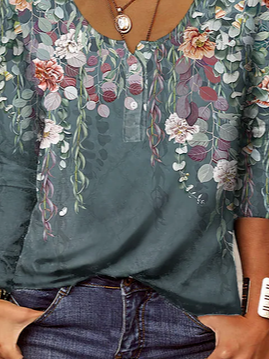 JFN Women Casual U Neck Leaves Floral Print Daily Long sleeve T-Shirt
