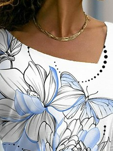 Women Casual Floral Autumn Loose Asymmetrical Regular H-Line Regular Medium Elasticity T-shirt