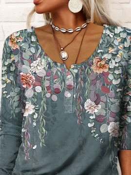 JFN Women Casual U Neck Leaves Floral Print Daily Long sleeve T-Shirt