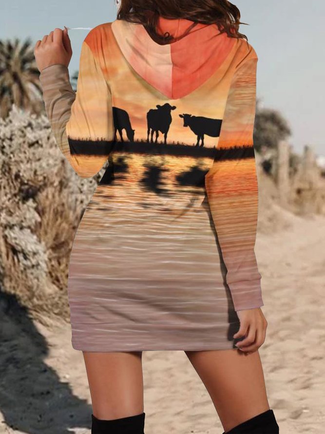 Casual Landscape Print Autumn Midi Long sleeve H-Line Regular Medium Elasticity Regular Size Dresses for Women
