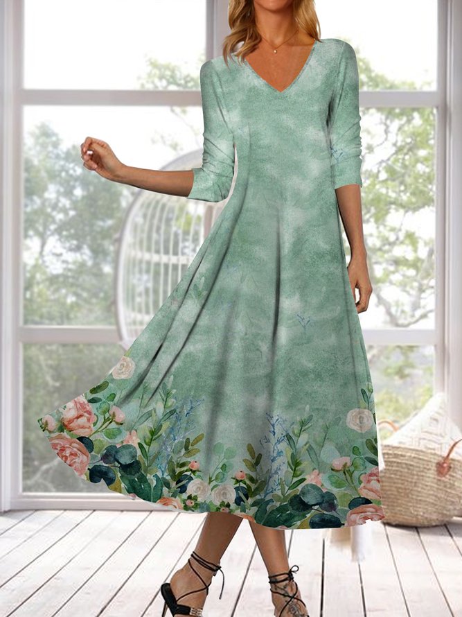 Gradient flower loose holiday A-line midi Dress