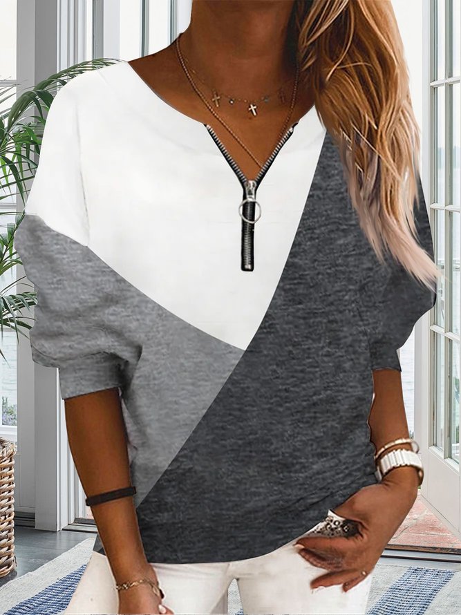 JFN Plain Color Block Zipper Loose Simple Sweatshirt