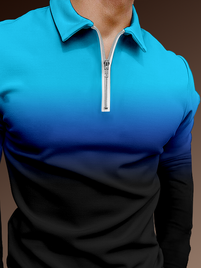 Casual Art Collection Gradient Pattern Lapel Long Sleeve Polo Print Top