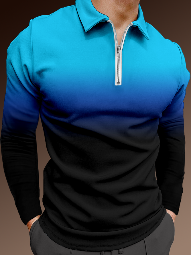 Casual Art Collection Gradient Pattern Lapel Long Sleeve Polo Print Top