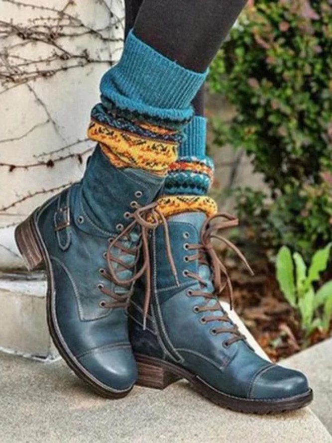 Retro Stitching Lace-up Zipper Boots