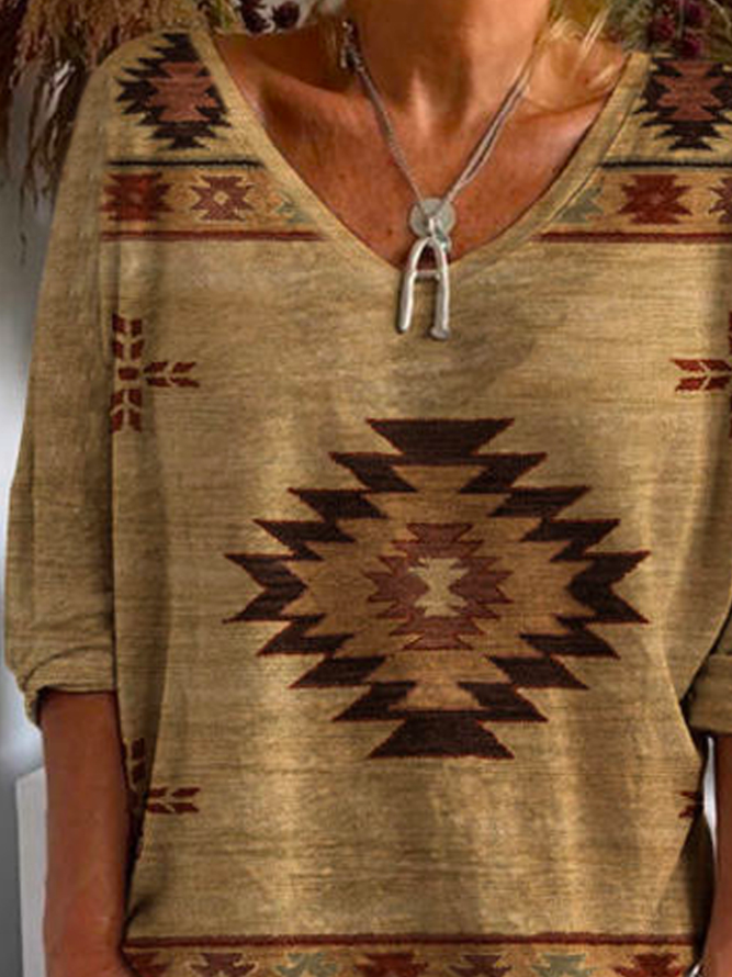 V Neck Loose Vacation Ethnic T-Shirt