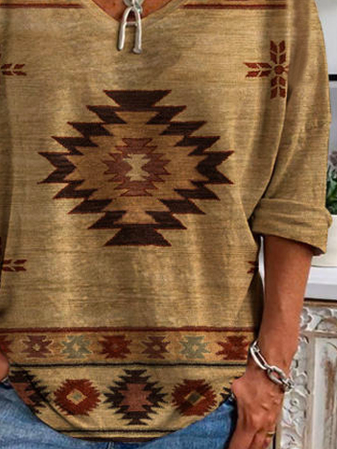 V Neck Loose Vacation Ethnic T-Shirt