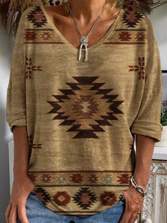 V Neck Loose Vacation Ethnic T-Shirt