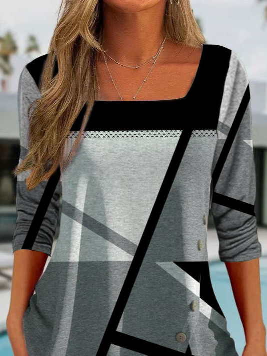 Geometric Square Neck Casual T-Shirt