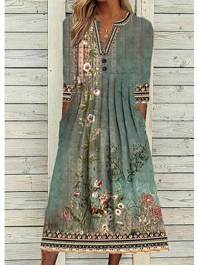 Floral  V Neck Casual Jersey Dress