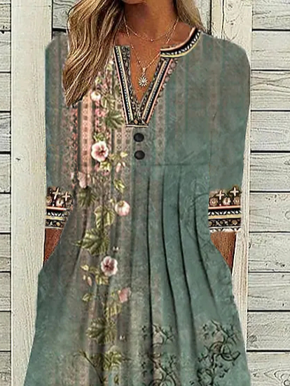 Floral  V Neck Casual Jersey Dress