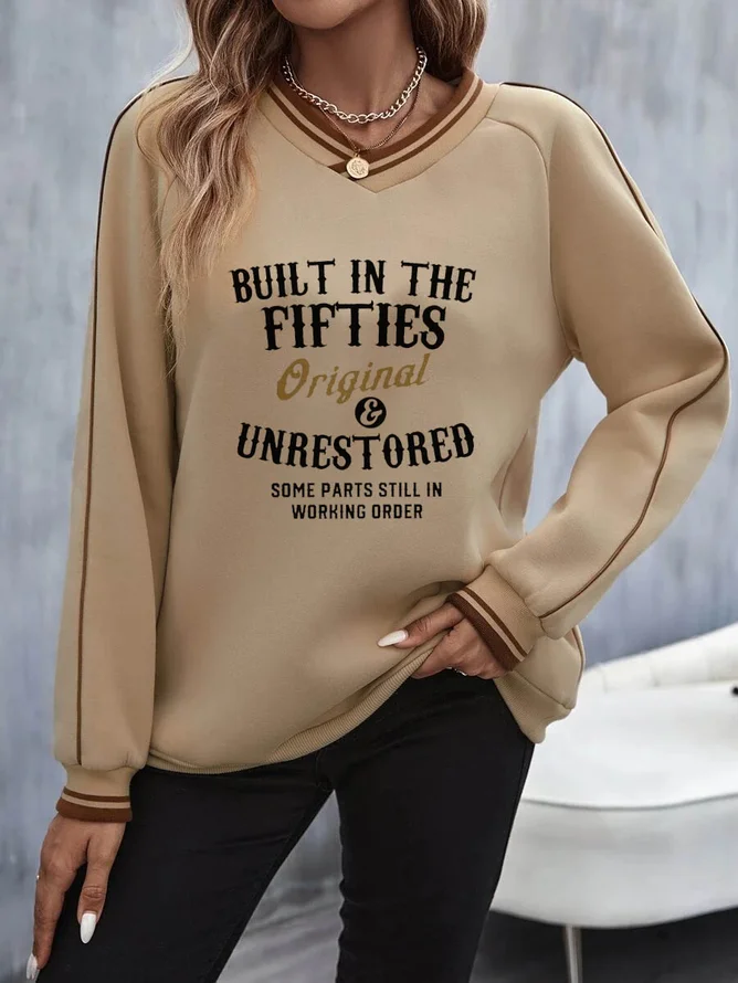 Casual Cotton-Blend Text Letter V neck Sweatshirt