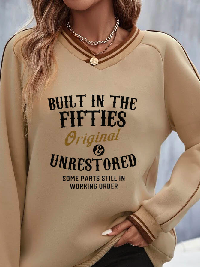 Casual Cotton-Blend Text Letter V neck Sweatshirt