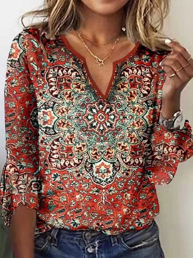 Women's  Red Geometric Printed Long Sleeve V Neck ethnic style t-shirt