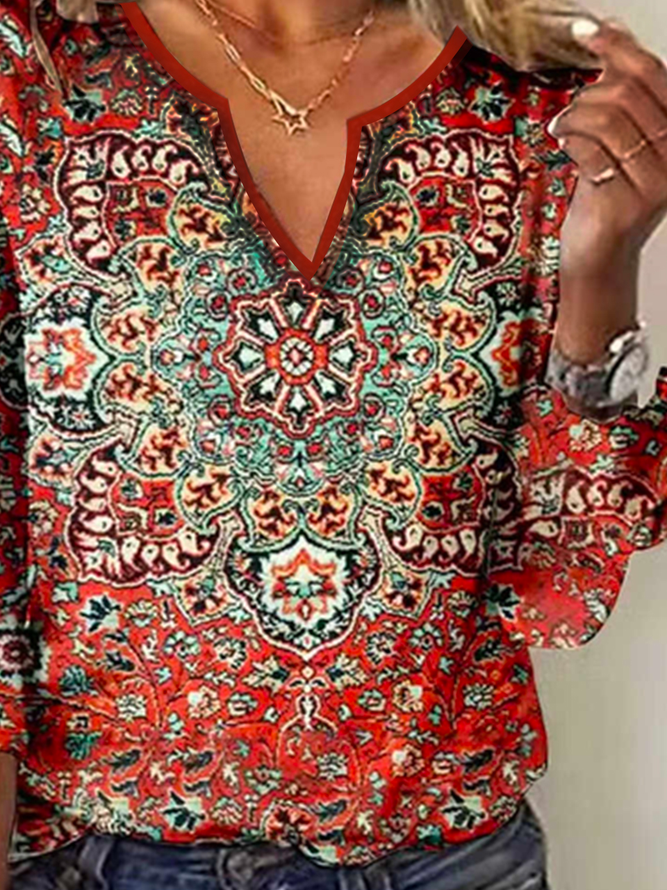Women's  Red Geometric Printed Long Sleeve V Neck ethnic style t-shirt