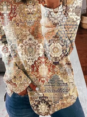 Crew Neck Loose Casual Ethnic Sweatshirt