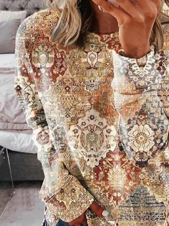 Crew Neck Loose Casual Ethnic Sweatshirt