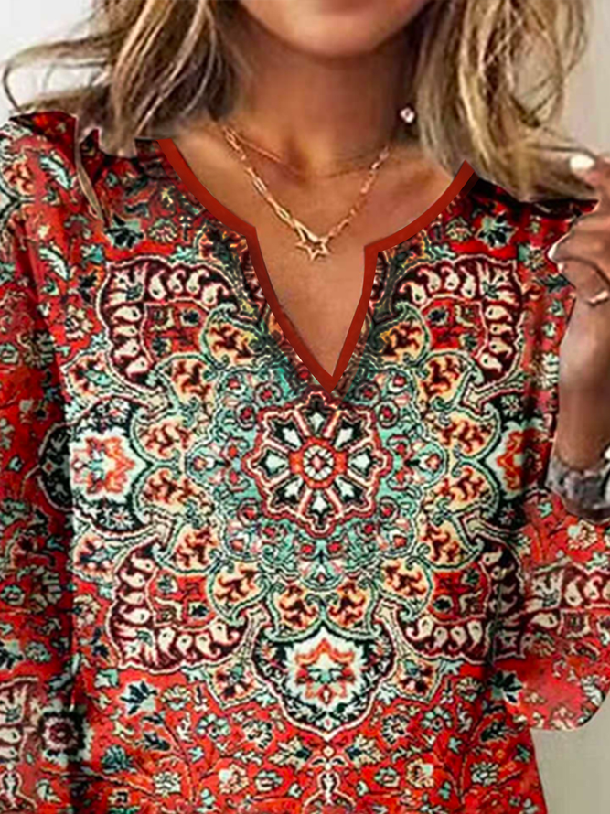 Women's  Red Geometric Printed Long Sleeve V Neck ethnic style t-shirt
